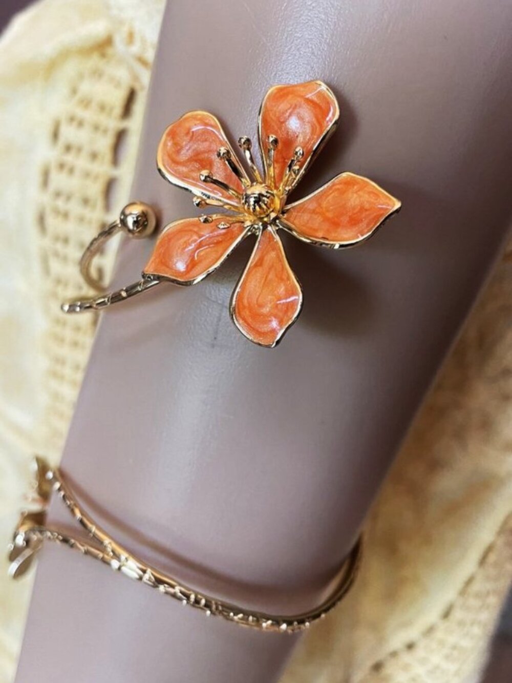 Boho Orange Enamel Flower Arm & Ankle Cuff Bracelet | Adjustable - Picture 9 of 13